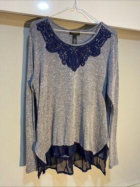 Karen Brooks Navy Crochet-Trim Heathered Blue Long Sleeve Top